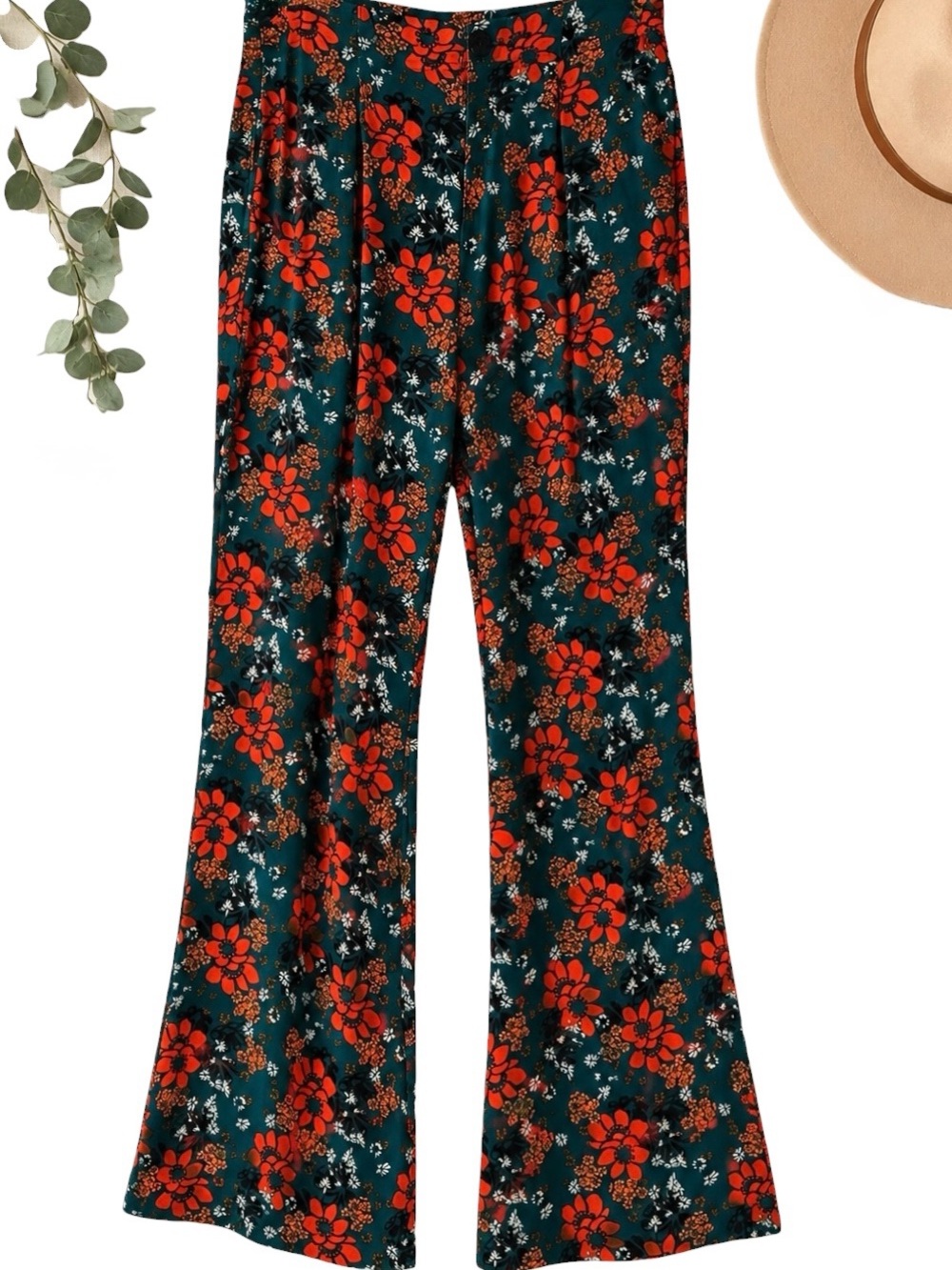 Free People Floral Wide Leg Pants SP Small Petite Dark Teal Orange with Pockets
